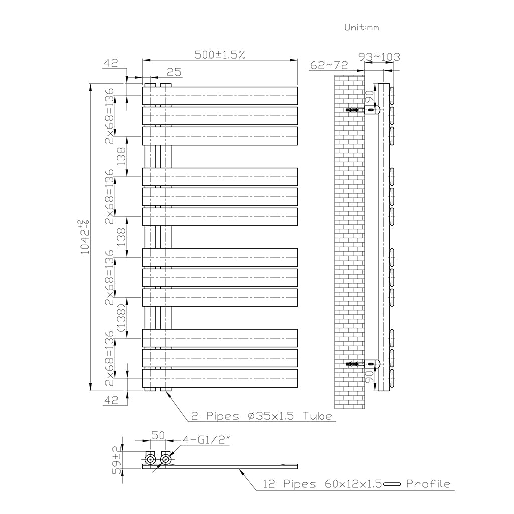 1042x500mm BadHeizkörper Handtuchhalter Handtuchtrockner Gerade Weiß