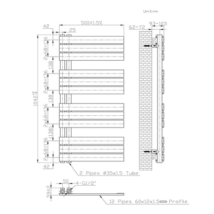1042x500mm BadHeizkörper Handtuchhalter Handtuchtrockner Gerade Weiß