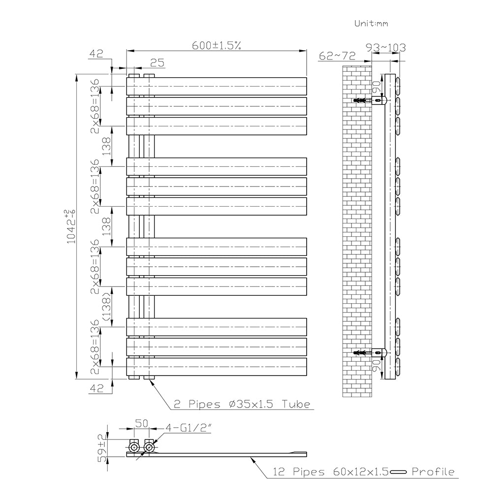 1042x600mm BadHeizkörper Handtuchhalter Handtuchtrockner Gerade Weiß