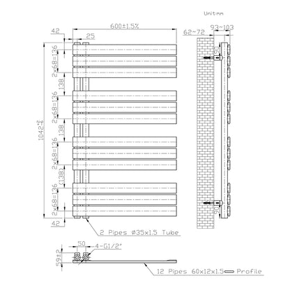 1042x600mm BadHeizkörper Handtuchhalter Handtuchtrockner Gerade Weiß
