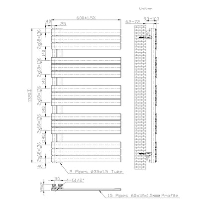 Badheizkörper Design Heizkörper Handtuchhalter Handtuchwärmer Handtuchtrokner Weiß 60x132 cm