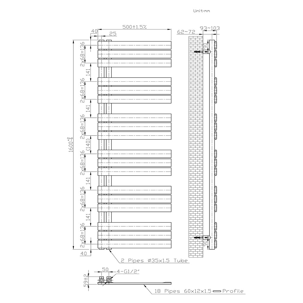 Heizkörper Badheizkörper Handtuchwärmer Handtuchtrokner Weiß Handtuchhalter 159.9x50 cm