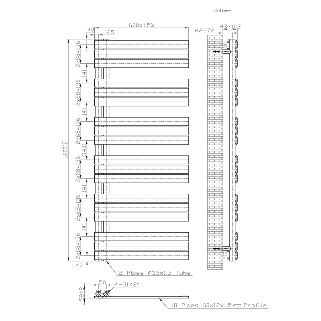 1599x600mm BadHeizkörper Handtuchhalter Handtuchtrockner Gerade Weiß