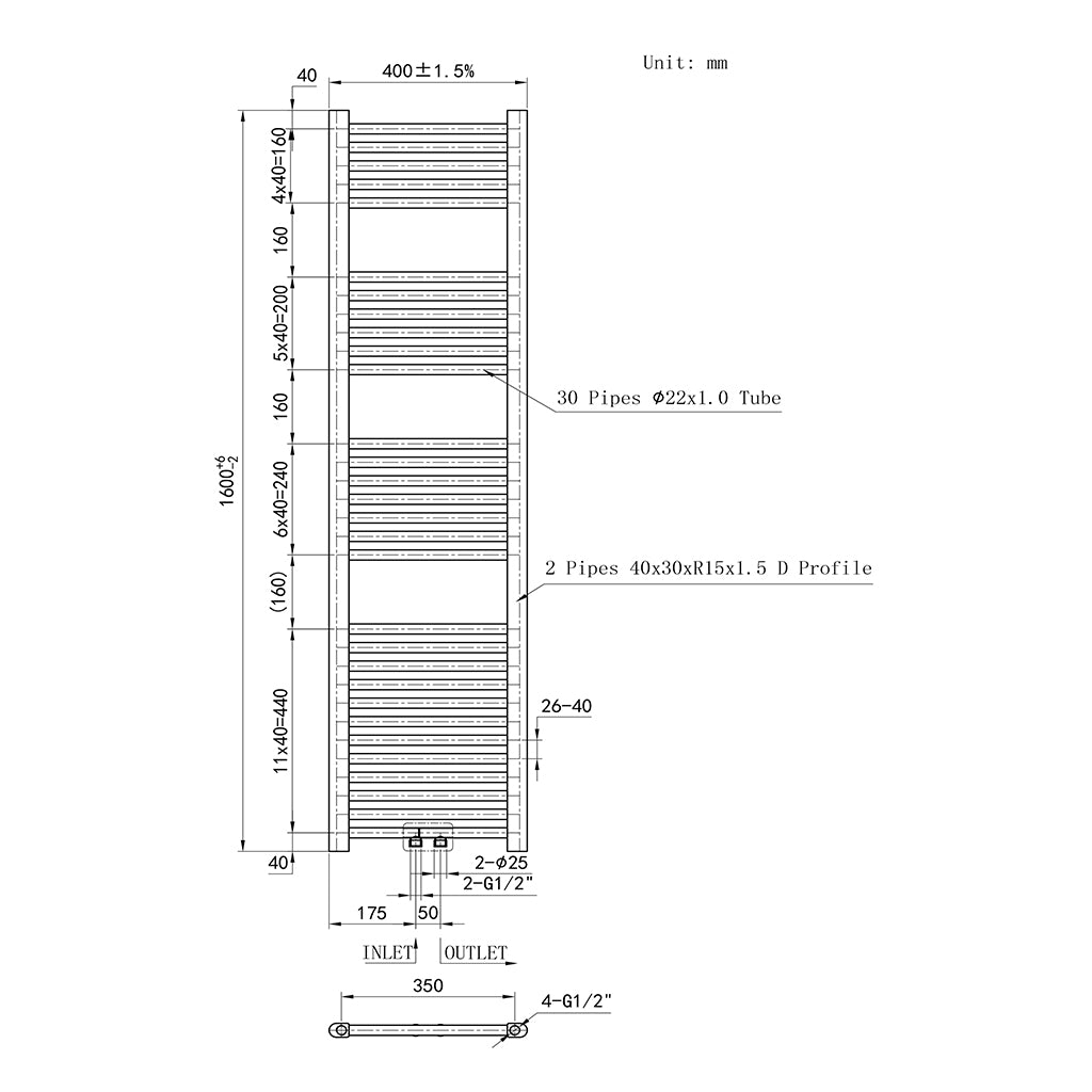 Badheizkörper Design Heizkörper Handtuchhalter Handtuchwärmer Handtuchtrokner Weiß 40x160 cm