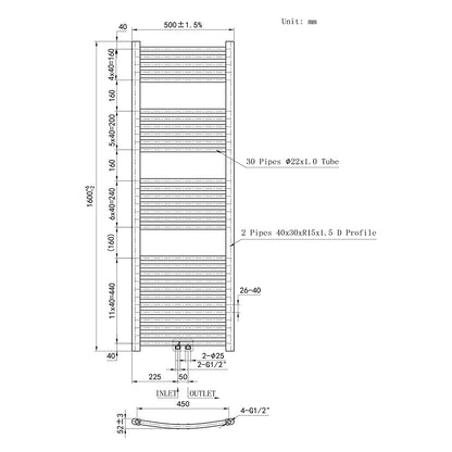 Heizkörper Design Badheizkörper Handtuchtrokner Handtuchwärmer Weiß Gebogen 50x160 cm