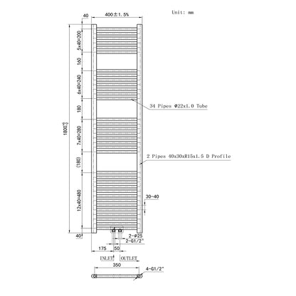 Heizkörper Badheizkörper Handtuchwärmer Handtuchtrockner Mittelanschluss Weiß 40x180 cm