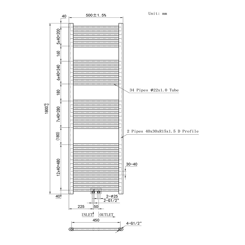 Heizkörper Badheizkörper Handtuchwärmer Handtuchtrockner Mittelanschluss Weiß 50x180 cm