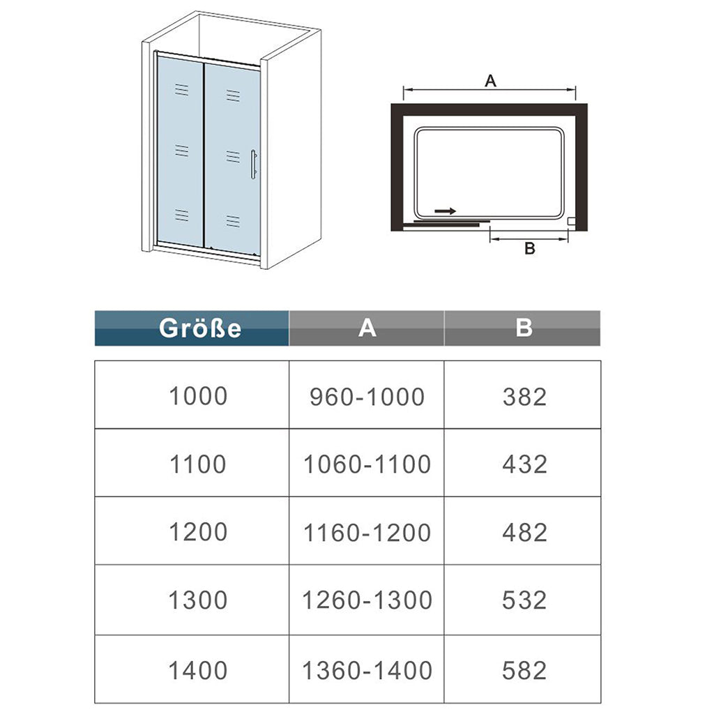 Glasschiebetür Schiebetür Nischentür Nischenduschtür 110 x H.190 cm Duschtür Ebenerdig Duschabtrennung Glas Dimensions