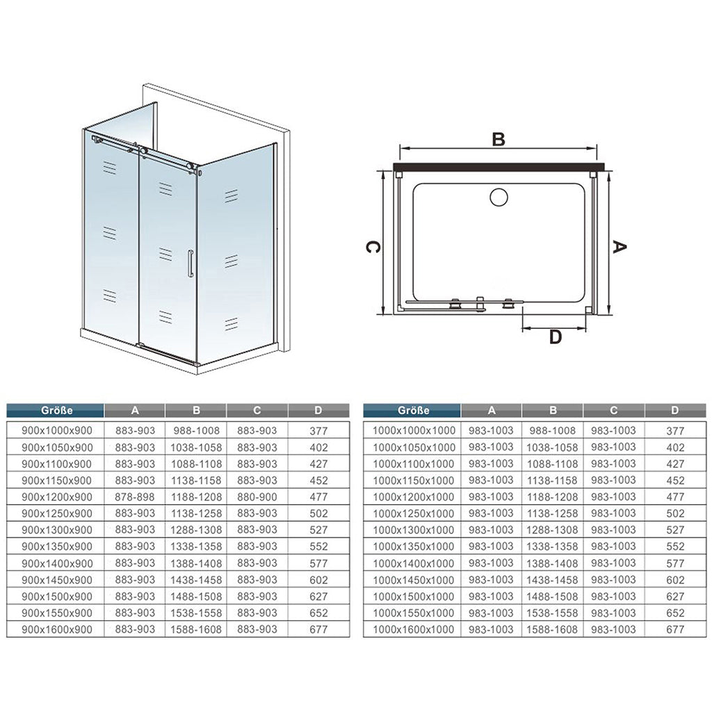 U-Duschkabine 100x90 x H. 195 cm Schiebetür Duschtür mit Seitenwänden Duschabtrennung 8mm NANO Glas Dusche Duschtrennwand Dimensions