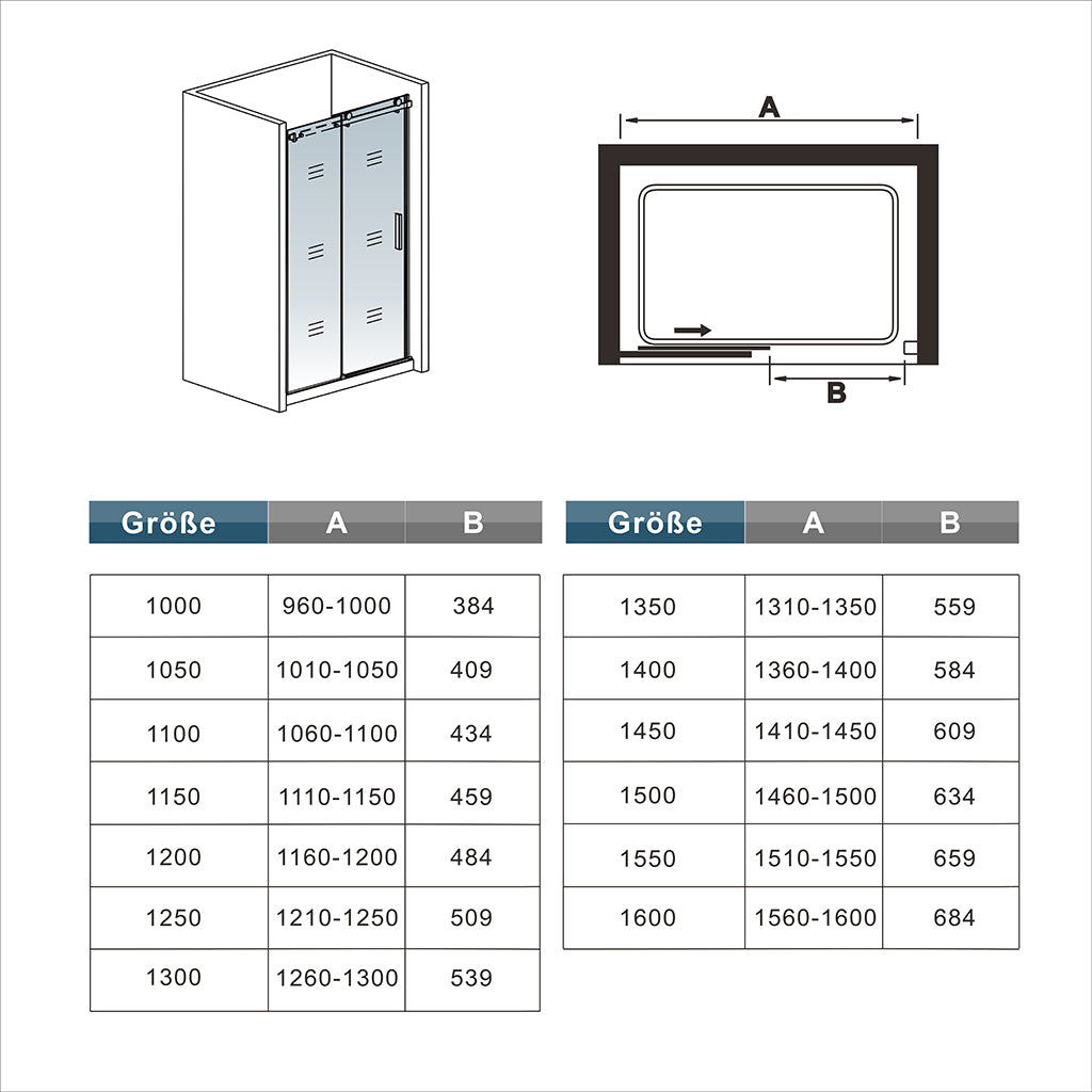 Glasschiebetür Schiebetür Nischentür Nischenduschtür 115 x H.195 cm Duschtür Ebenerdig Duschabtrennung Glas Dimensions