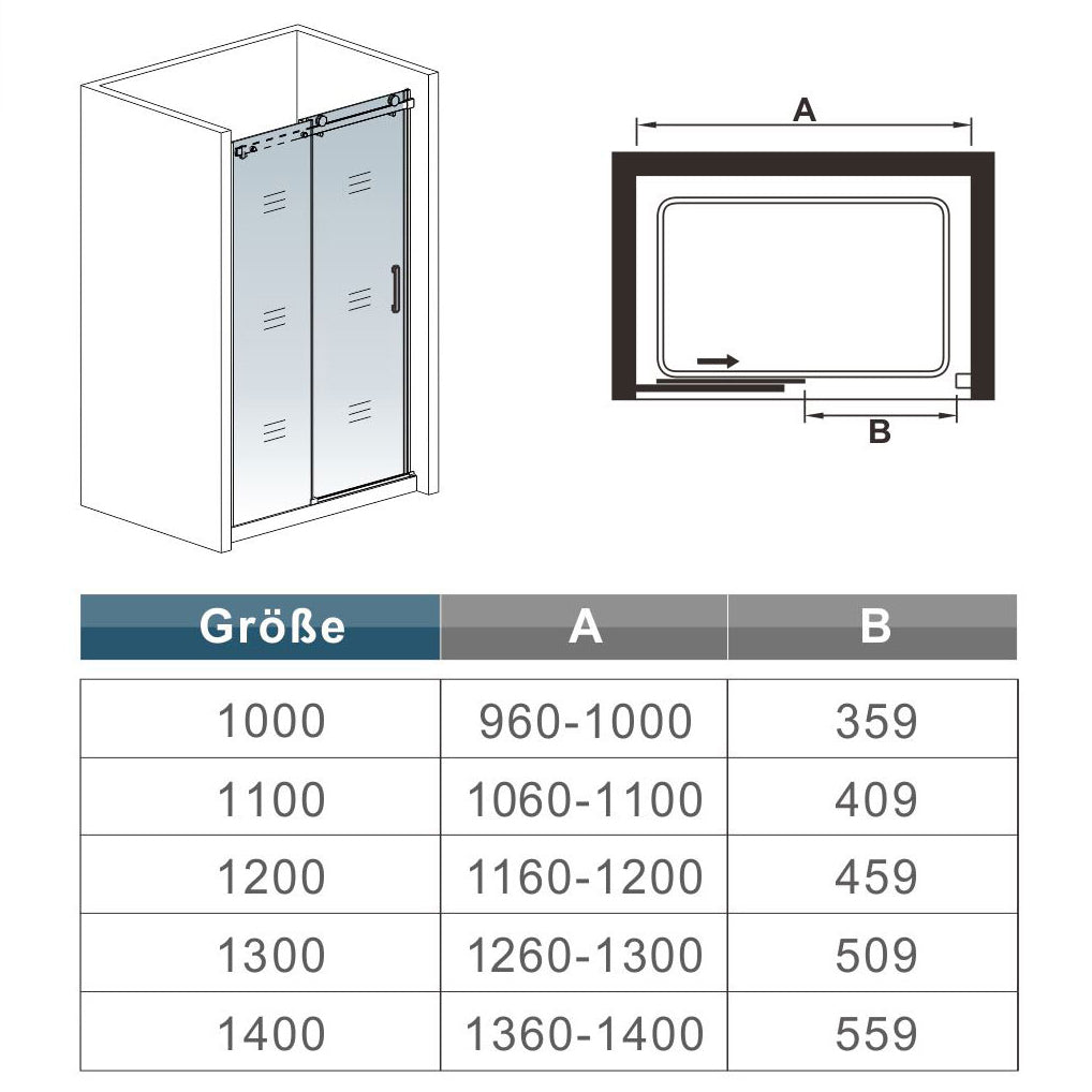 Glasschiebetür Schiebetür 120 x H.200 cm Nischentür Nischenduschtür Schwarz Duschtür Ebenerdig Duschabtrennung Glas Dimensions