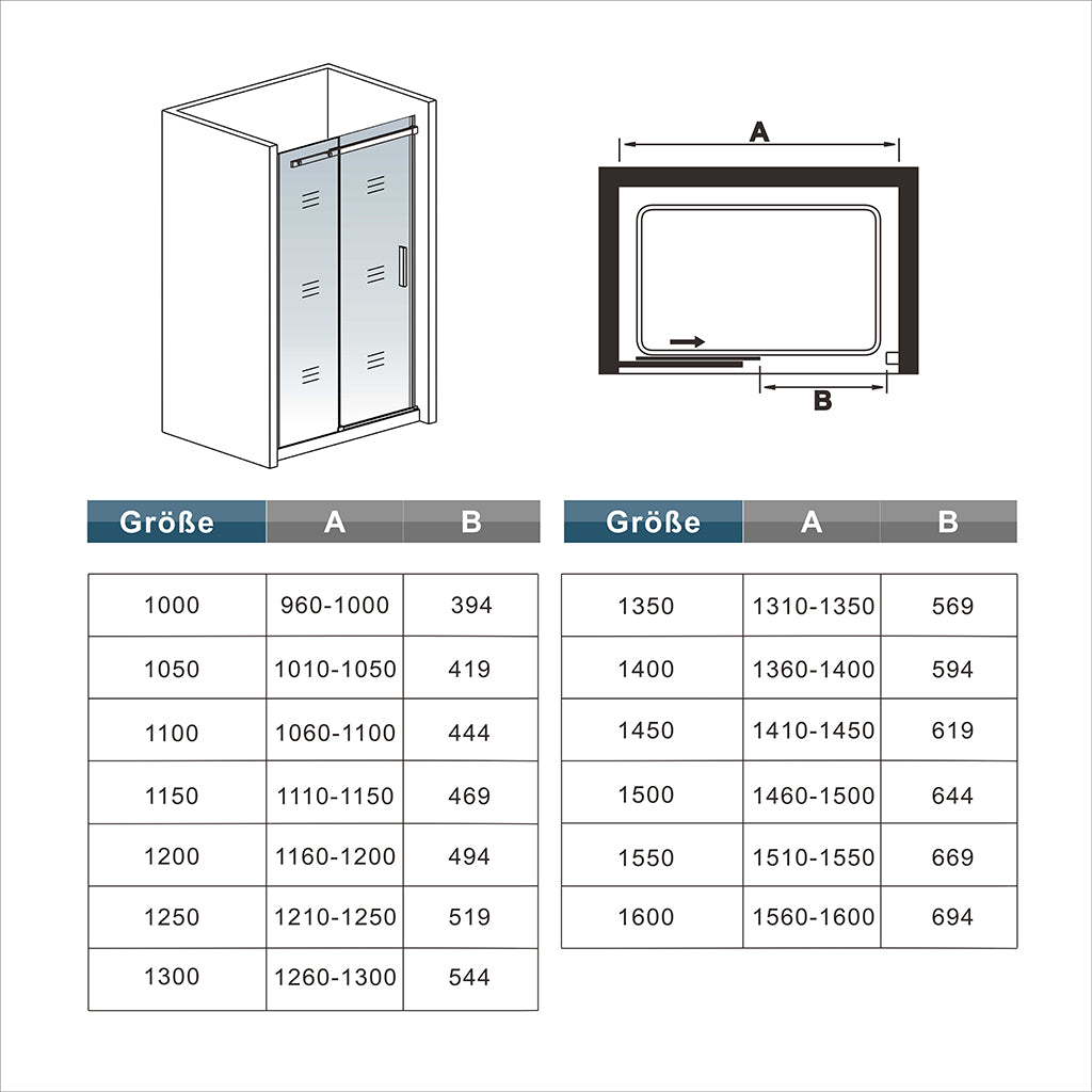 Glasschiebetür Schiebetür 160 x H.195 cm Nischentür Nischenduschtür Duschtür Ebenerdig Duschabtrennung Glas Dimensions