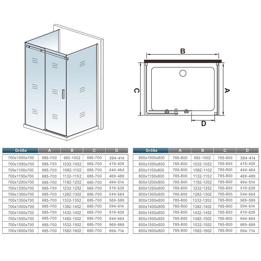 U-Duschkabine 120x80 x H. 195 cm Schiebetür mit Seitenwänden Duschabtrennung 8mm NANO Glas Dusche Duschtrennwand Dimensions