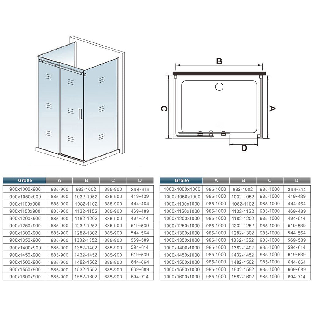 U-Duschkabine 120x90 x H. 195 cm Schiebetür mit Seitenwänden Duschabtrennung 8mm NANO Glas Dusche Duschtrennwand Dimensions