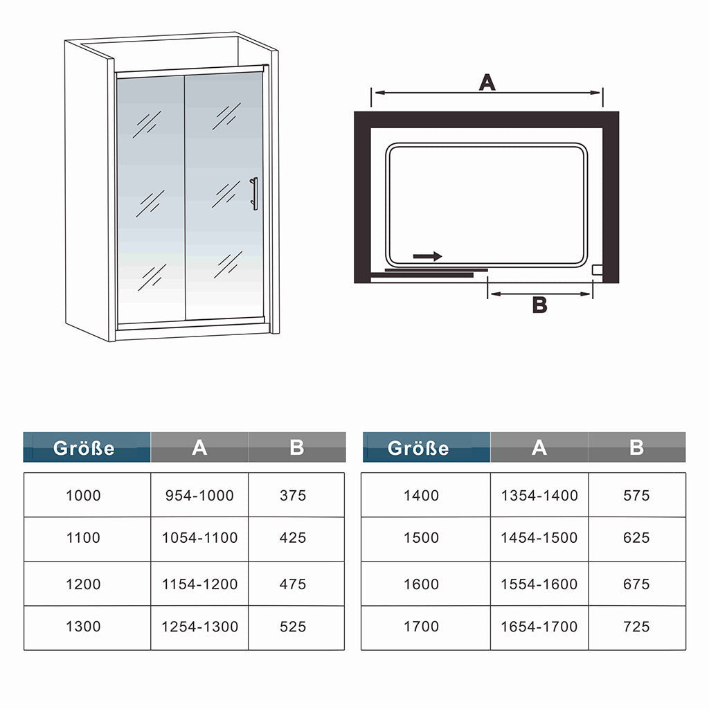 Glasschiebetür Schiebetür Nischentür Nischenduschtür 125 x H.195 cm Duschtür Ebenerdig Duschabtrennung Glas Dimensions