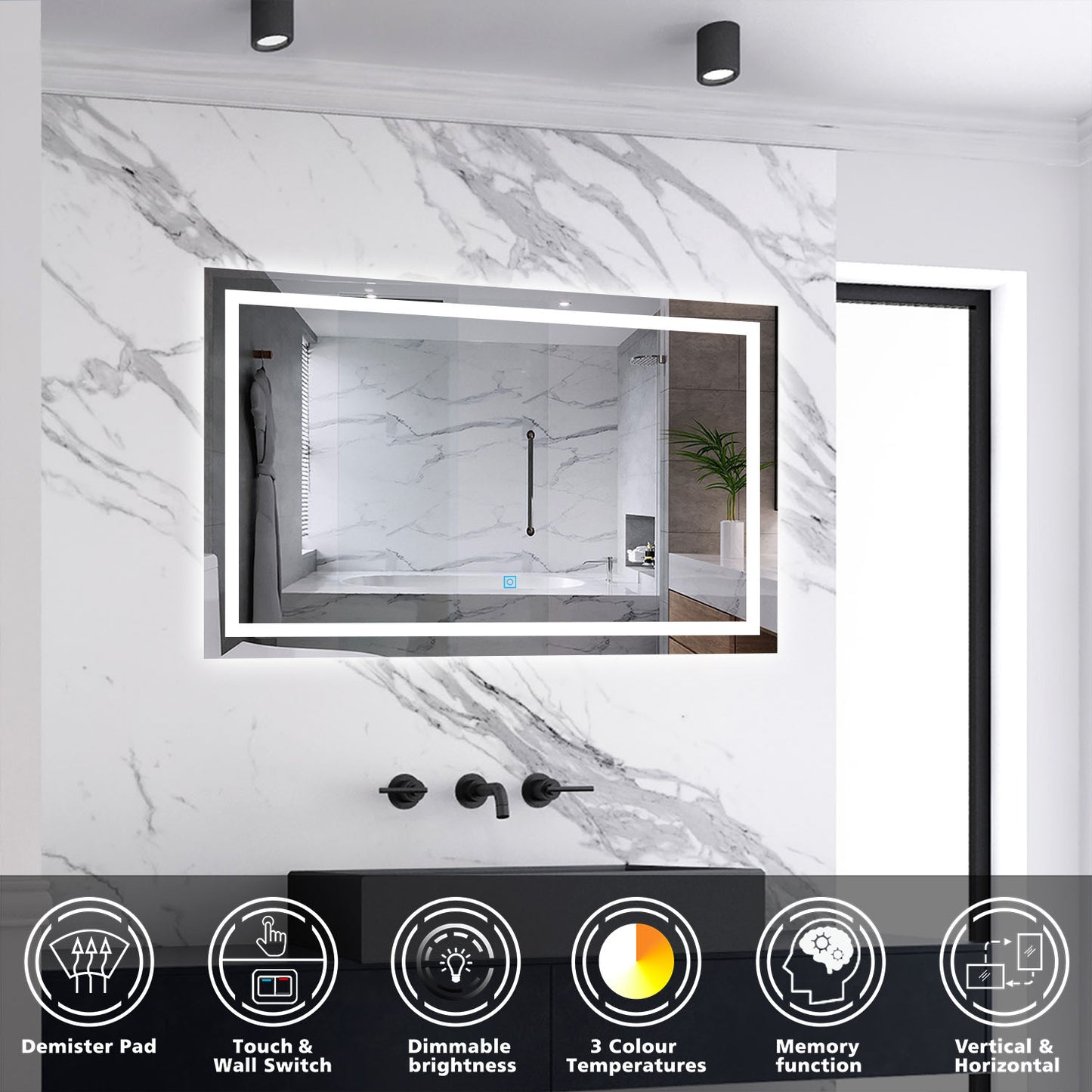 Badspiegel mit Beleuchtung,120x80cm LED Wandspiegel mit Wandschalter/Touch-Schalter,Beschlagfrei,Badezimmerspiegel mit 3 Lichtfarbe 2700-6500K Dimmbar,IP44