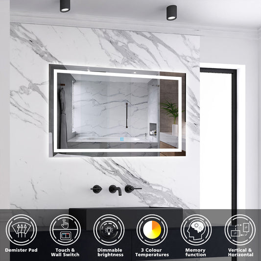 Badspiegel mit Beleuchtung,100x80cm LED Wandspiegel mit Wandschalter/Touch-Schalter,Beschlagfrei,Badezimmerspiegel mit 3 Lichtfarbe 2700-6500K Dimmbar,IP44