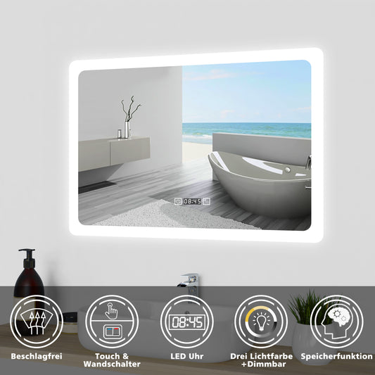 140x80cm LED Badspiegel mit Uhr,Touch-Schalter,Badspiegel mit Beleuchtung,Beschlagfrei,Badezimmerspiegel mit 3 Lichtfarbe 2700-6500K Dimmbar,IP44