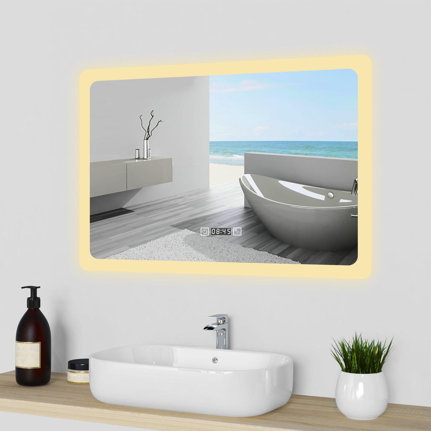 120x70cm LED Badspiegel mit Uhr,Touch-Schalter,Badspiegel mit Beleuchtung,Beschlagfrei,Badezimmerspiegel mit 3 Lichtfarbe 2700-6500K Dimmbar,IP44