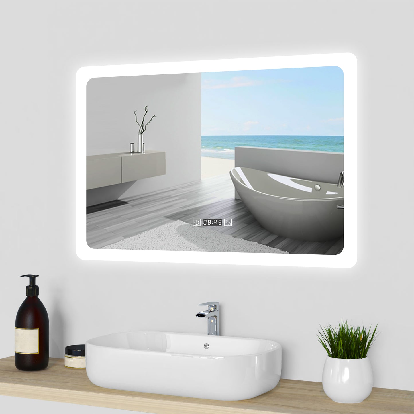 120x70cm LED Badspiegel mit Uhr,Touch-Schalter,Badspiegel mit Beleuchtung,Beschlagfrei,Badezimmerspiegel mit 3 Lichtfarbe 2700-6500K Dimmbar,IP44