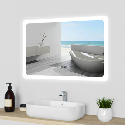 120x70cm LED Badspiegel mit Uhr,Touch-Schalter,Badspiegel mit Beleuchtung,Beschlagfrei,Badezimmerspiegel mit 3 Lichtfarbe 2700-6500K Dimmbar,IP44