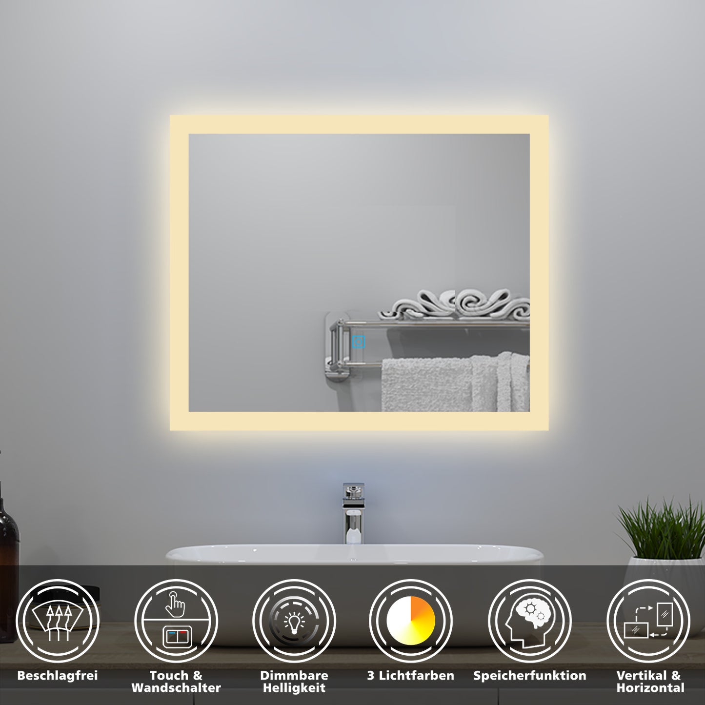 60x50cm LED Badspiegel mit Wandschalter/Touchschalter,Badspiegel mit Beleuchtung,Beschlagfrei,Badezimmerspiegel mit 3 Lichtfarbe 3000-6000K Dimmbar,IP44