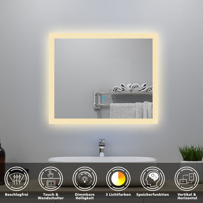 60x50cm LED Badspiegel mit Wandschalter/Touchschalter,Badspiegel mit Beleuchtung,Beschlagfrei,Badezimmerspiegel mit 3 Lichtfarbe 3000-6000K Dimmbar,IP44