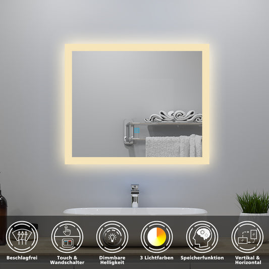 100x60cm LED Badspiegel mit Wandschalter/Touchschalter,Badspiegel mit Beleuchtung,Beschlagfrei,Badezimmerspiegel mit 3 Lichtfarbe 2700-6500K Dimmbar,IP44