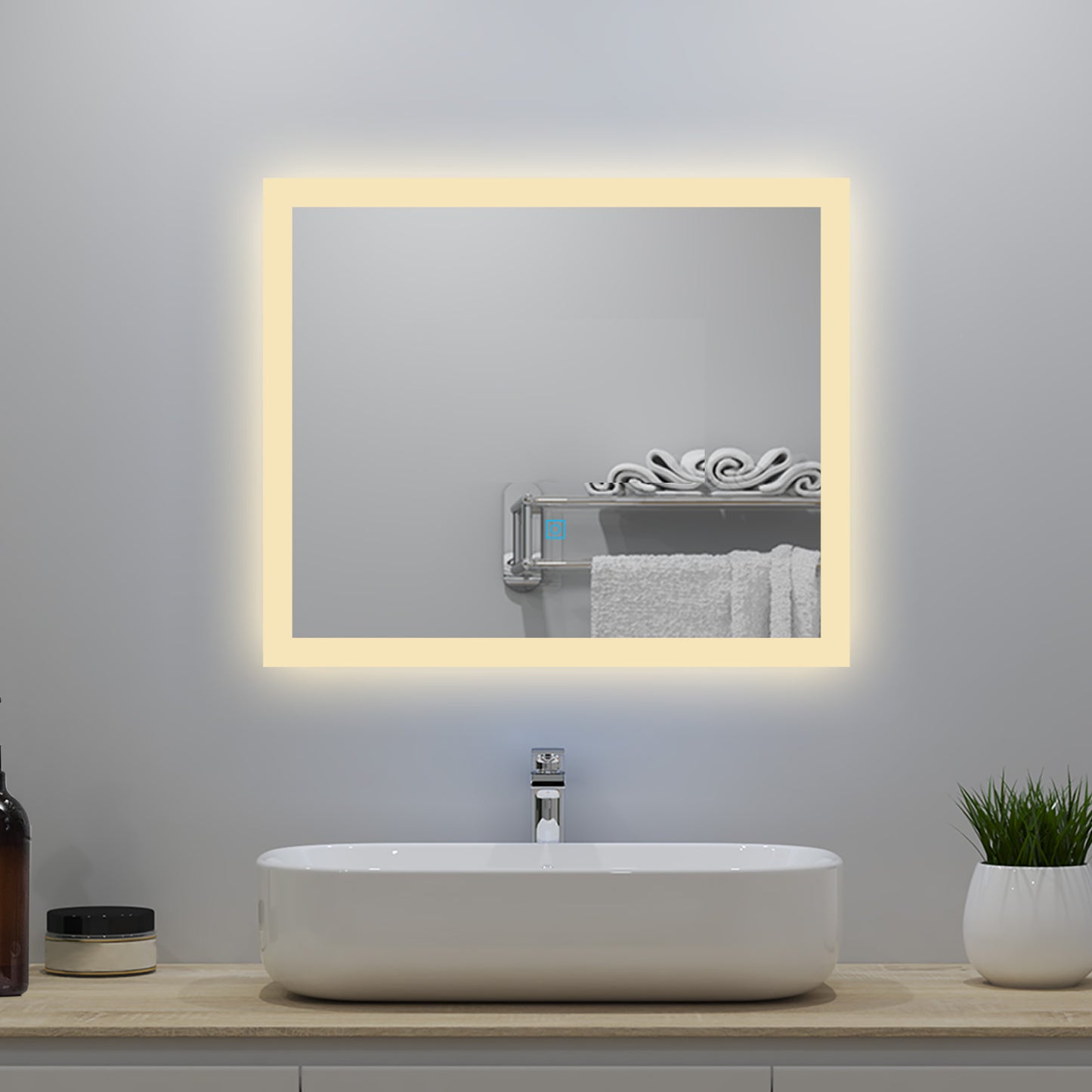 60x50cm LED Badspiegel mit Wandschalter/Touchschalter,Badspiegel mit Beleuchtung,Beschlagfrei,Badezimmerspiegel mit 3 Lichtfarbe 3000-6000K Dimmbar,IP44