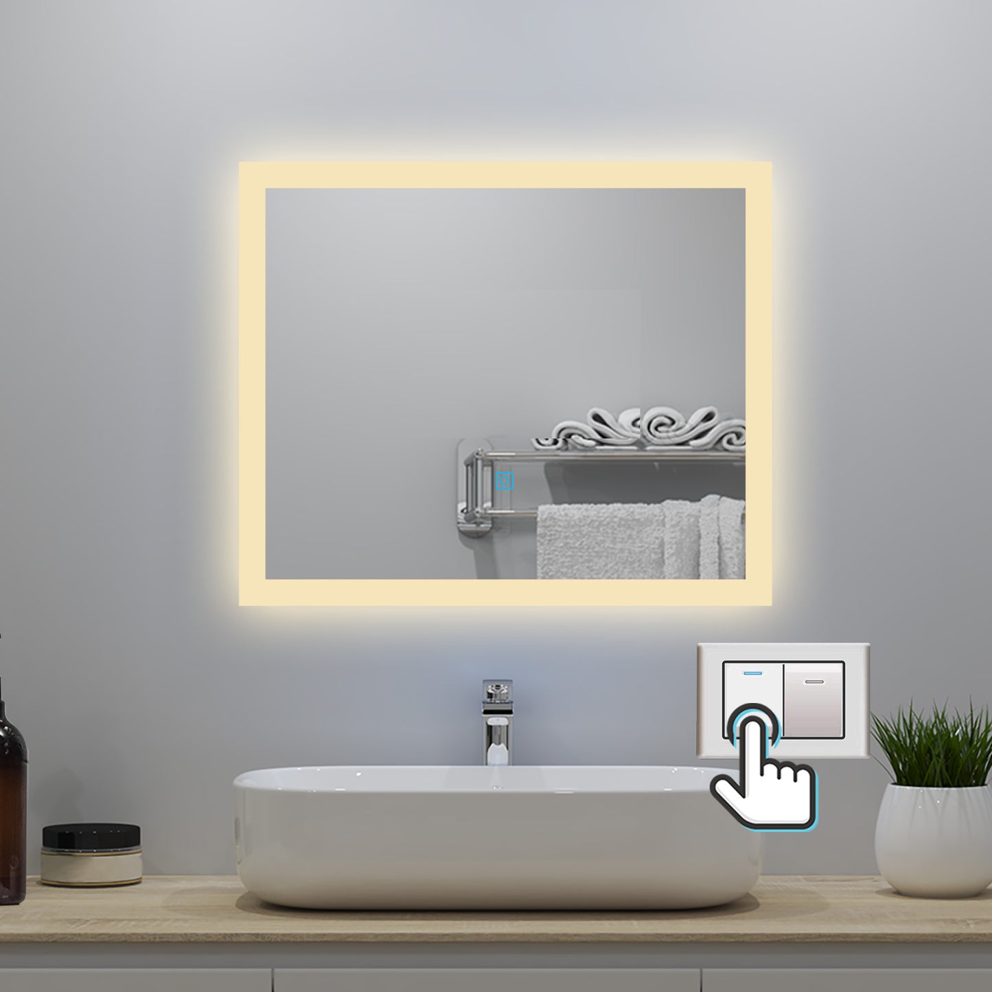 100x60cm LED Badspiegel mit Wandschalter/Touchschalter,Badspiegel mit Beleuchtung,Beschlagfrei,Badezimmerspiegel mit 3 Lichtfarbe 2700-6500K Dimmbar,IP44