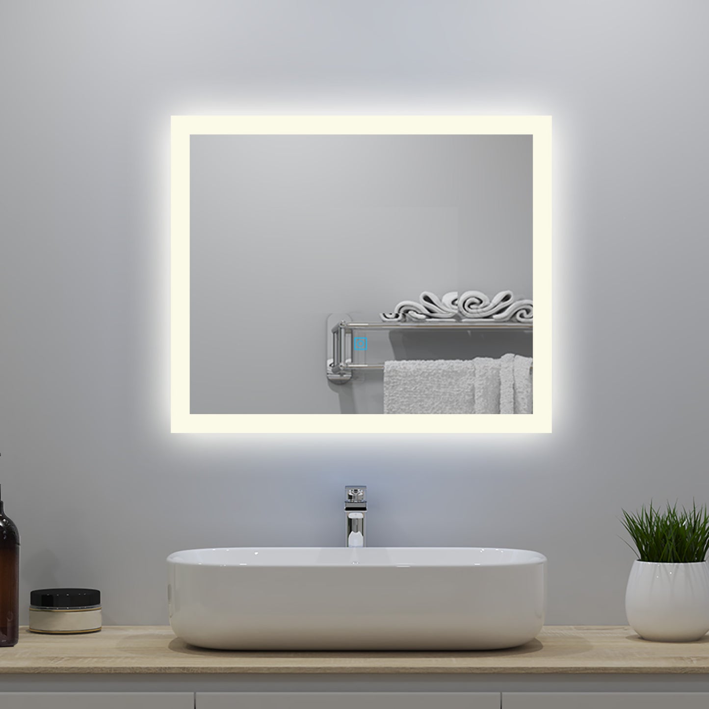 60x50cm LED Badspiegel mit Wandschalter/Touchschalter,Badspiegel mit Beleuchtung,Beschlagfrei,Badezimmerspiegel mit 3 Lichtfarbe 3000-6000K Dimmbar,IP44