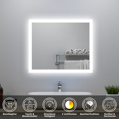 60x50cm LED Badspiegel mit Wandschalter/Touchschalter,Badspiegel mit Beleuchtung,Beschlagfrei,Badezimmerspiegel mit 3 Lichtfarbe 3000-6000K Dimmbar,IP44