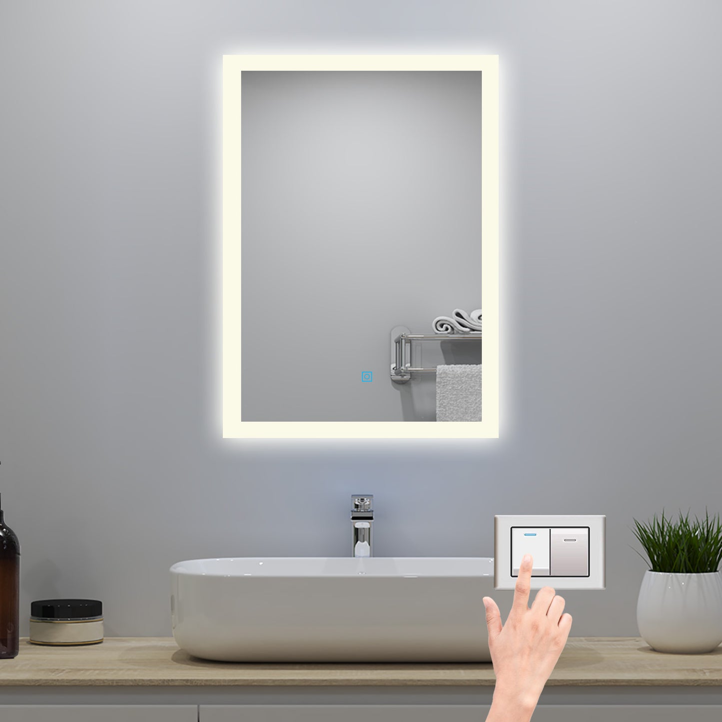 50x70cm LED Badspiegel mit Wandschalter/Touchschalter,Badspiegel mit Beleuchtung,Beschlagfrei,Badezimmerspiegel mit 3 Lichtfarbe 2700-6500K Dimmbar,IP44