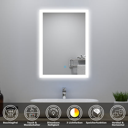 50x70cm LED Badspiegel mit Wandschalter/Touchschalter,Badspiegel mit Beleuchtung,Beschlagfrei,Badezimmerspiegel mit 3 Lichtfarbe 2700-6500K Dimmbar,IP44