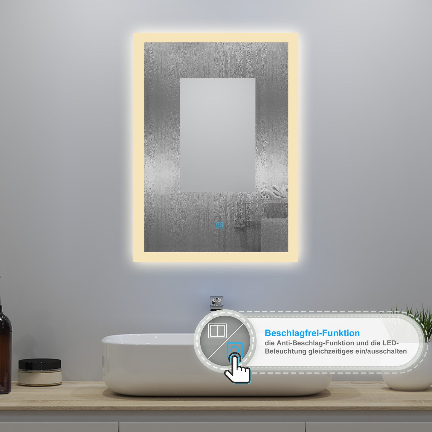 50x70cm LED Badspiegel mit Wandschalter/Touchschalter,Badspiegel mit Beleuchtung,Beschlagfrei,Badezimmerspiegel mit 3 Lichtfarbe 2700-6500K Dimmbar,IP44