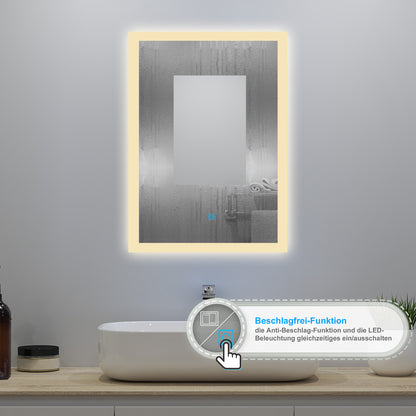 50x70cm LED Badspiegel mit Wandschalter/Touchschalter,Badspiegel mit Beleuchtung,Beschlagfrei,Badezimmerspiegel mit 3 Lichtfarbe 2700-6500K Dimmbar,IP44