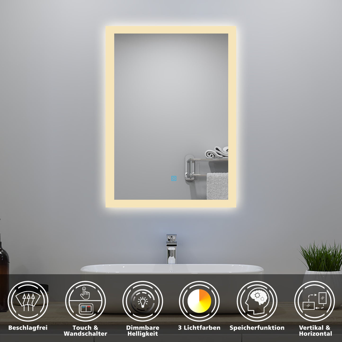 50x70cm LED Badspiegel mit Wandschalter/Touchschalter,Badspiegel mit Beleuchtung,Beschlagfrei,Badezimmerspiegel mit 3 Lichtfarbe 2700-6500K Dimmbar,IP44