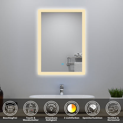 50x70cm LED Badspiegel mit Wandschalter/Touchschalter,Badspiegel mit Beleuchtung,Beschlagfrei,Badezimmerspiegel mit 3 Lichtfarbe 2700-6500K Dimmbar,IP44