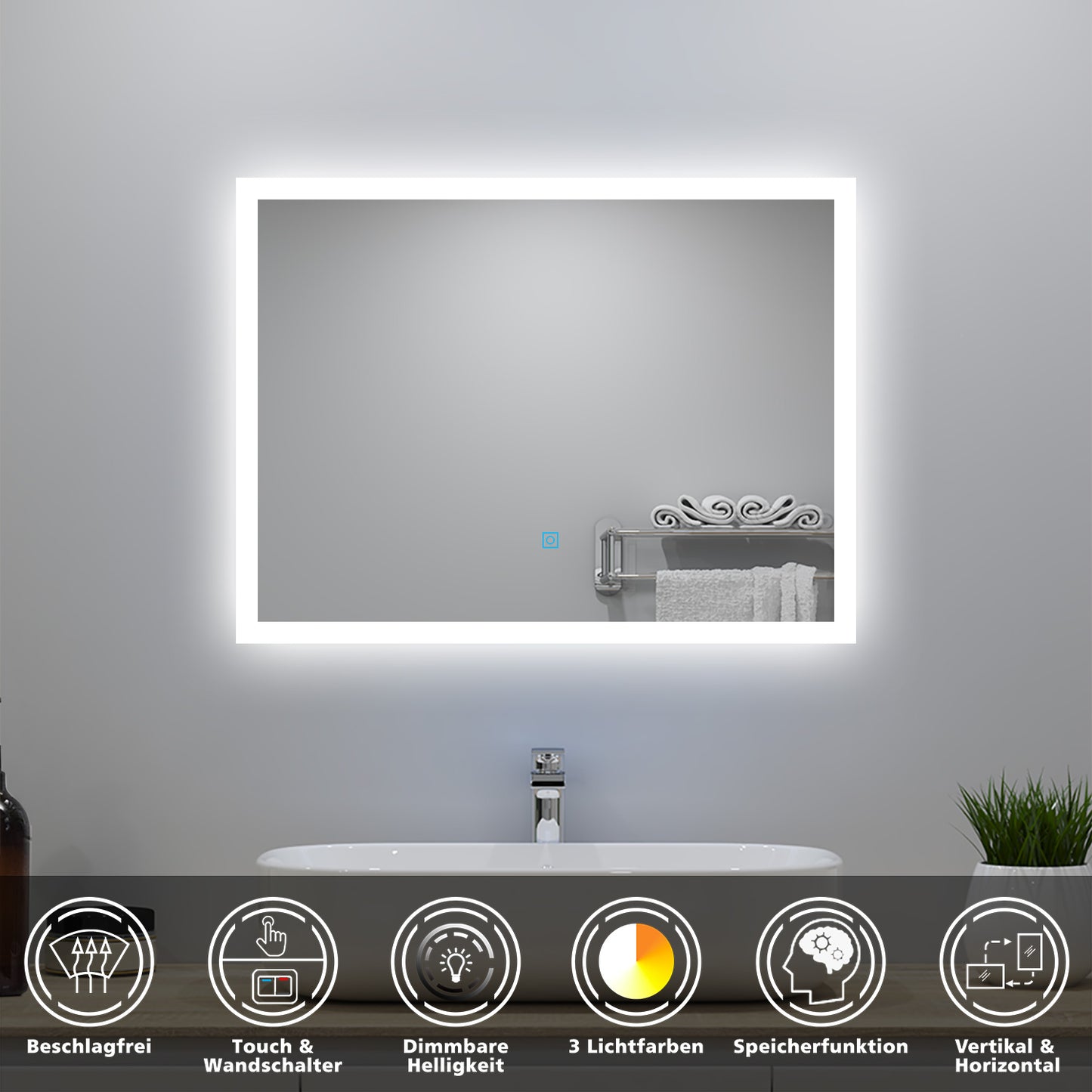 90x70cm LED Badspiegel mit Wandschalter/Touchschalter,Badspiegel mit Beleuchtung,Beschlagfrei,Badezimmerspiegel mit 3 Lichtfarbe 2700-6500K Dimmbar,IP44
