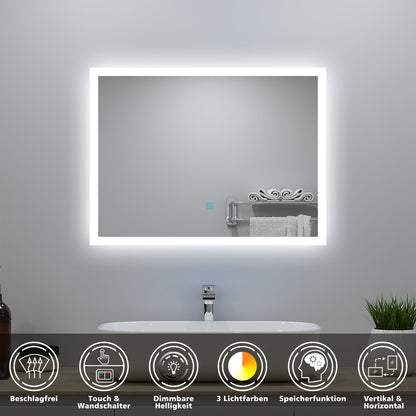 90x70cm LED Badspiegel mit Wandschalter/Touchschalter,Badspiegel mit Beleuchtung,Beschlagfrei,Badezimmerspiegel mit 3 Lichtfarbe 2700-6500K Dimmbar,IP44