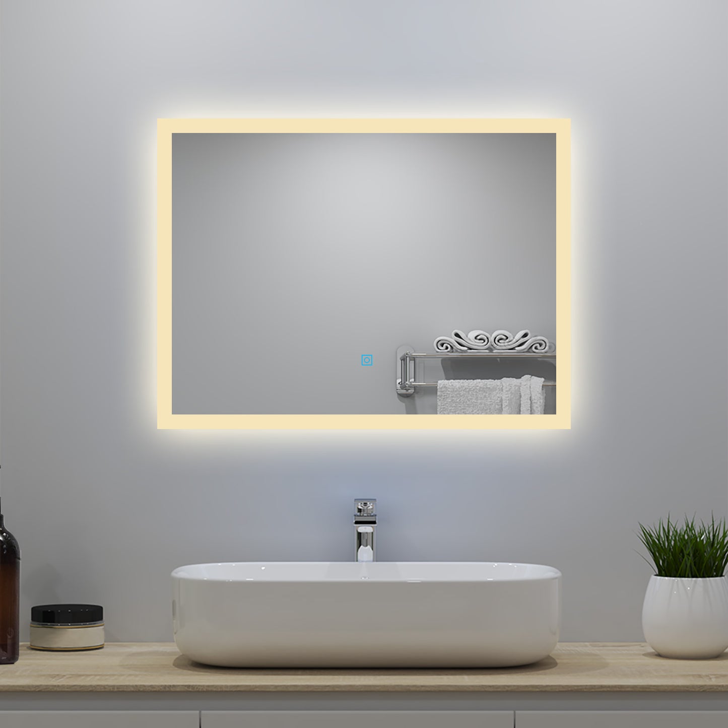 90x70cm LED Badspiegel mit Wandschalter/Touchschalter,Badspiegel mit Beleuchtung,Beschlagfrei,Badezimmerspiegel mit 3 Lichtfarbe 2700-6500K Dimmbar,IP44