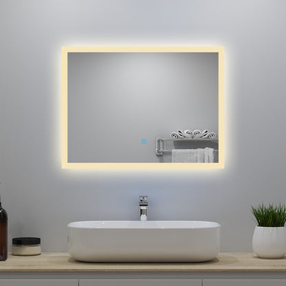 90x70cm LED Badspiegel mit Wandschalter/Touchschalter,Badspiegel mit Beleuchtung,Beschlagfrei,Badezimmerspiegel mit 3 Lichtfarbe 2700-6500K Dimmbar,IP44