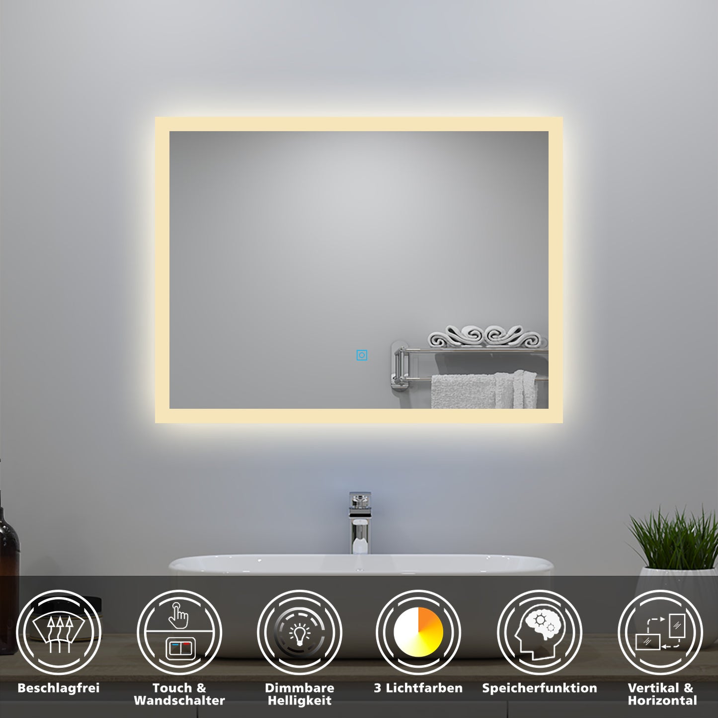90x70cm LED Badspiegel mit Wandschalter/Touchschalter,Badspiegel mit Beleuchtung,Beschlagfrei,Badezimmerspiegel mit 3 Lichtfarbe 2700-6500K Dimmbar,IP44