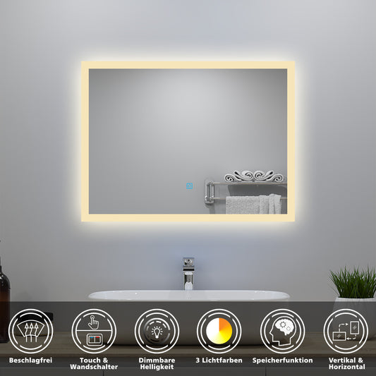 90x70cm LED Badspiegel mit Wandschalter/Touchschalter,Badspiegel mit Beleuchtung,Beschlagfrei,Badezimmerspiegel mit 3 Lichtfarbe 2700-6500K Dimmbar,IP44