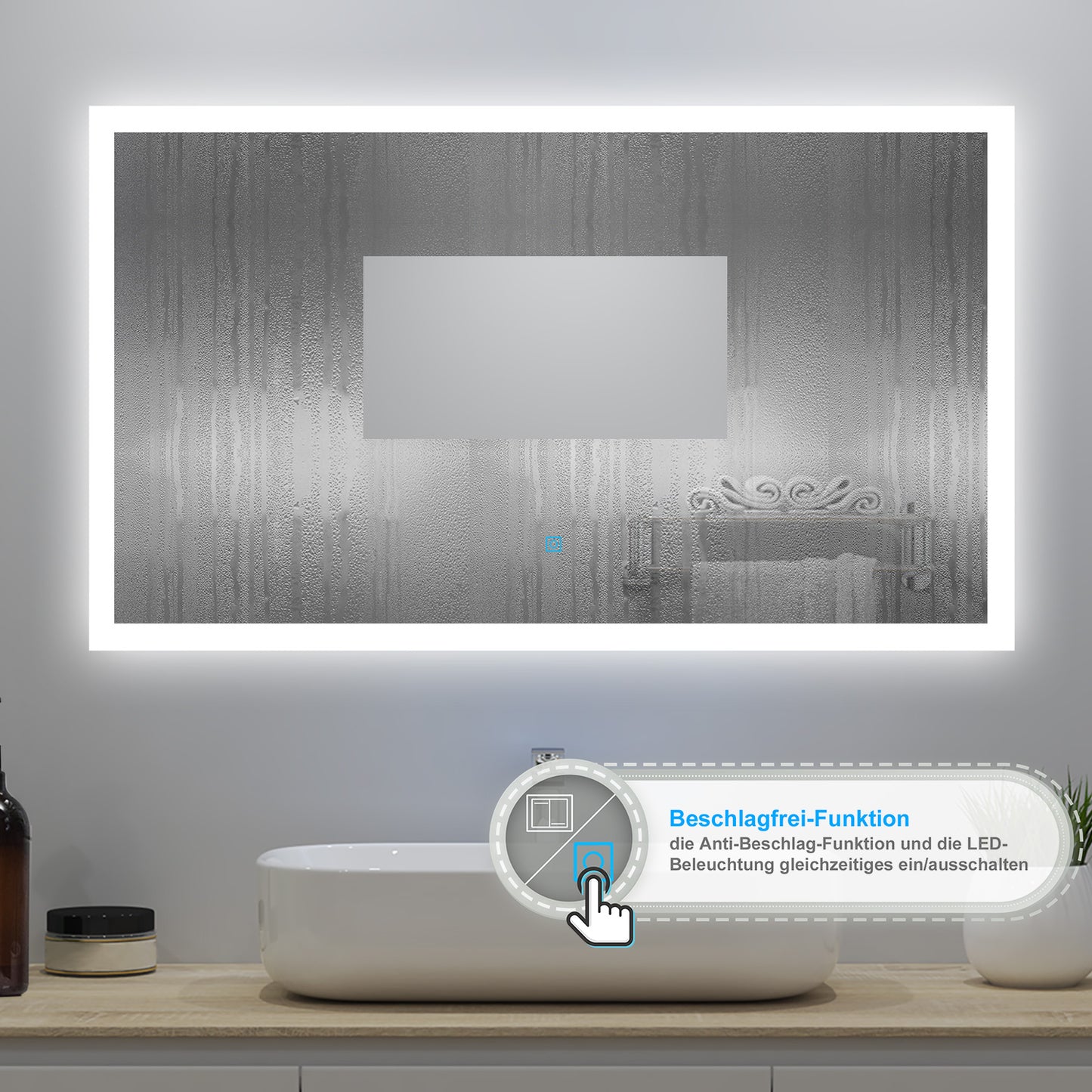 120x70cm LED Badspiegel mit Wandschalter/Touchschalter,Badspiegel mit Beleuchtung,Beschlagfrei,Badezimmerspiegel mit 3 Lichtfarbe 2700-6500K Dimmbar,IP44