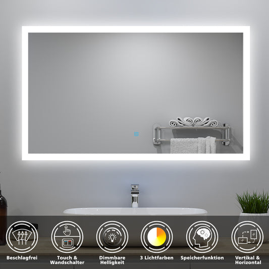 120x70cm LED Badspiegel mit Wandschalter/Touchschalter,Badspiegel mit Beleuchtung,Beschlagfrei,Badezimmerspiegel mit 3 Lichtfarbe 2700-6500K Dimmbar,IP44