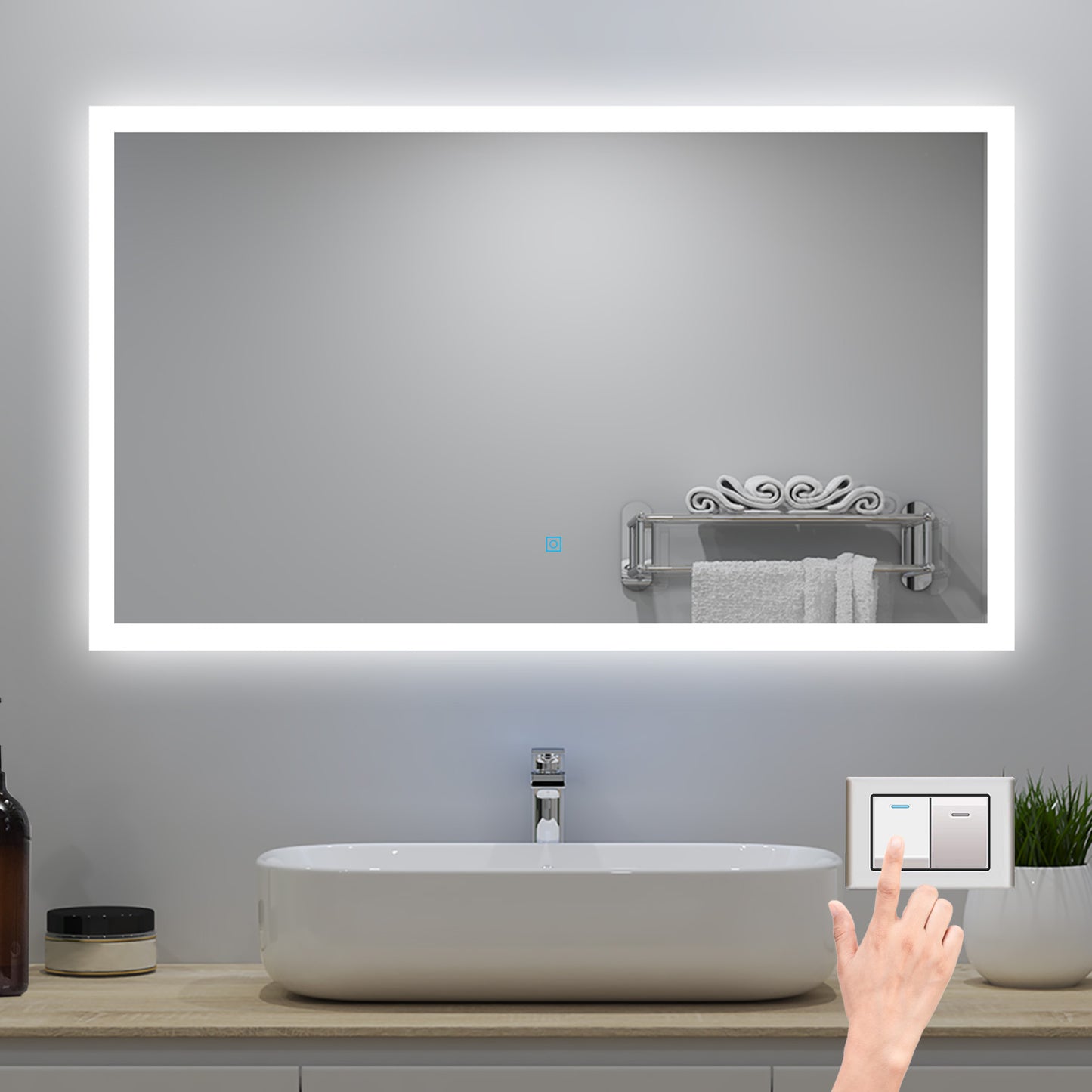 120x70cm LED Badspiegel mit Wandschalter/Touchschalter,Badspiegel mit Beleuchtung,Beschlagfrei,Badezimmerspiegel mit 3 Lichtfarbe 2700-6500K Dimmbar,IP44