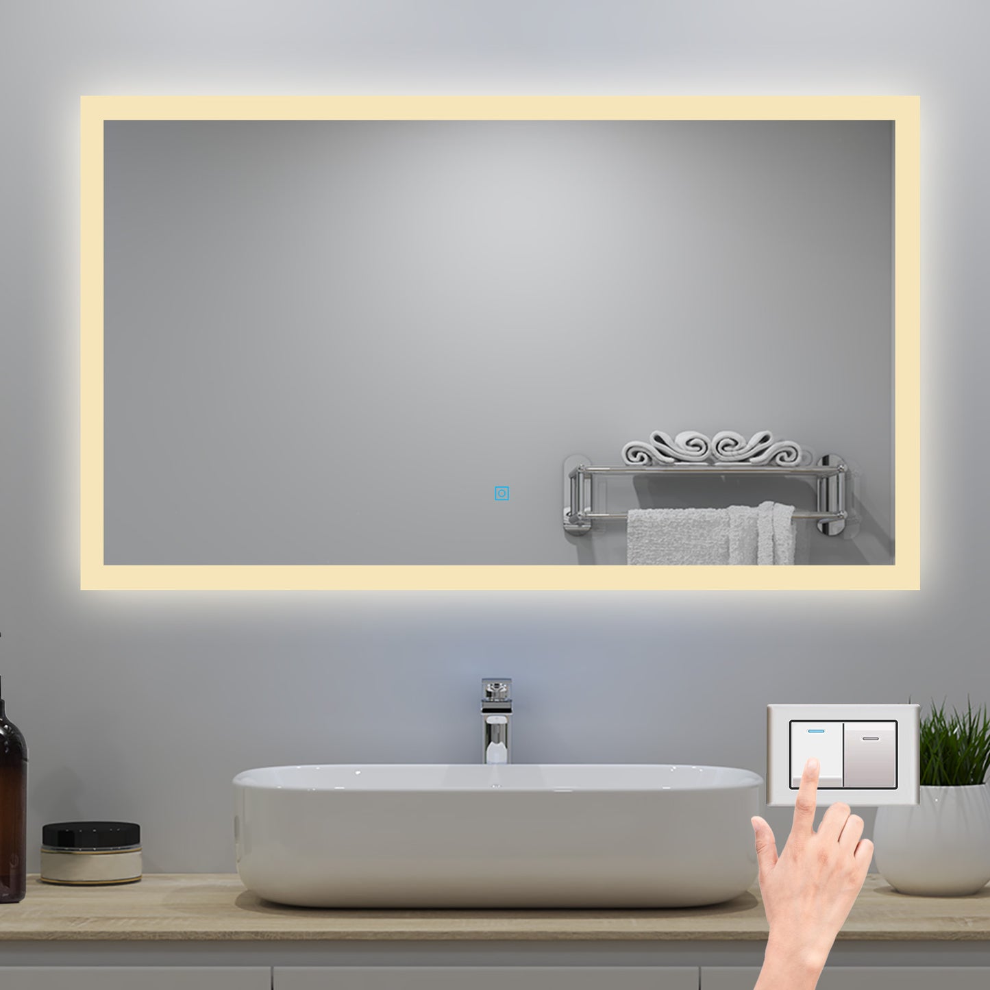 120x70cm LED Badspiegel mit Wandschalter/Touchschalter,Badspiegel mit Beleuchtung,Beschlagfrei,Badezimmerspiegel mit 3 Lichtfarbe 2700-6500K Dimmbar,IP44