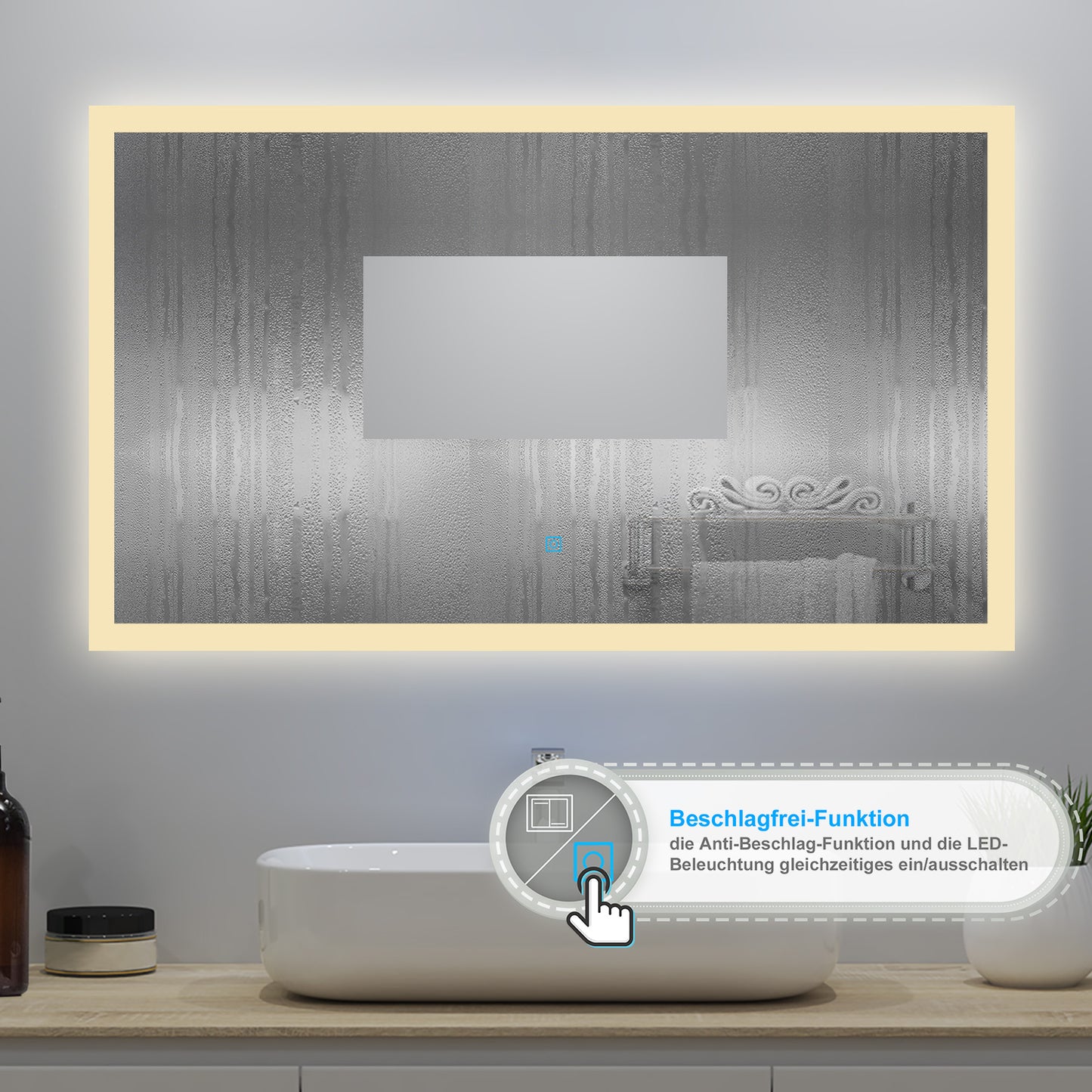 120x70cm LED Badspiegel mit Wandschalter/Touchschalter,Badspiegel mit Beleuchtung,Beschlagfrei,Badezimmerspiegel mit 3 Lichtfarbe 2700-6500K Dimmbar,IP44