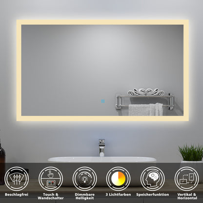 120x70cm LED Badspiegel mit Wandschalter/Touchschalter,Badspiegel mit Beleuchtung,Beschlagfrei,Badezimmerspiegel mit 3 Lichtfarbe 2700-6500K Dimmbar,IP44